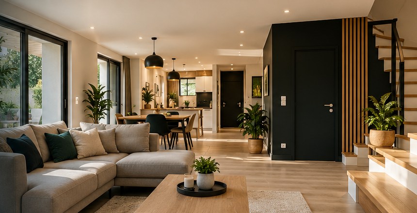 Visuel d’ambiance réaliste d’un intérieur rénové, créé pour cette maquette
